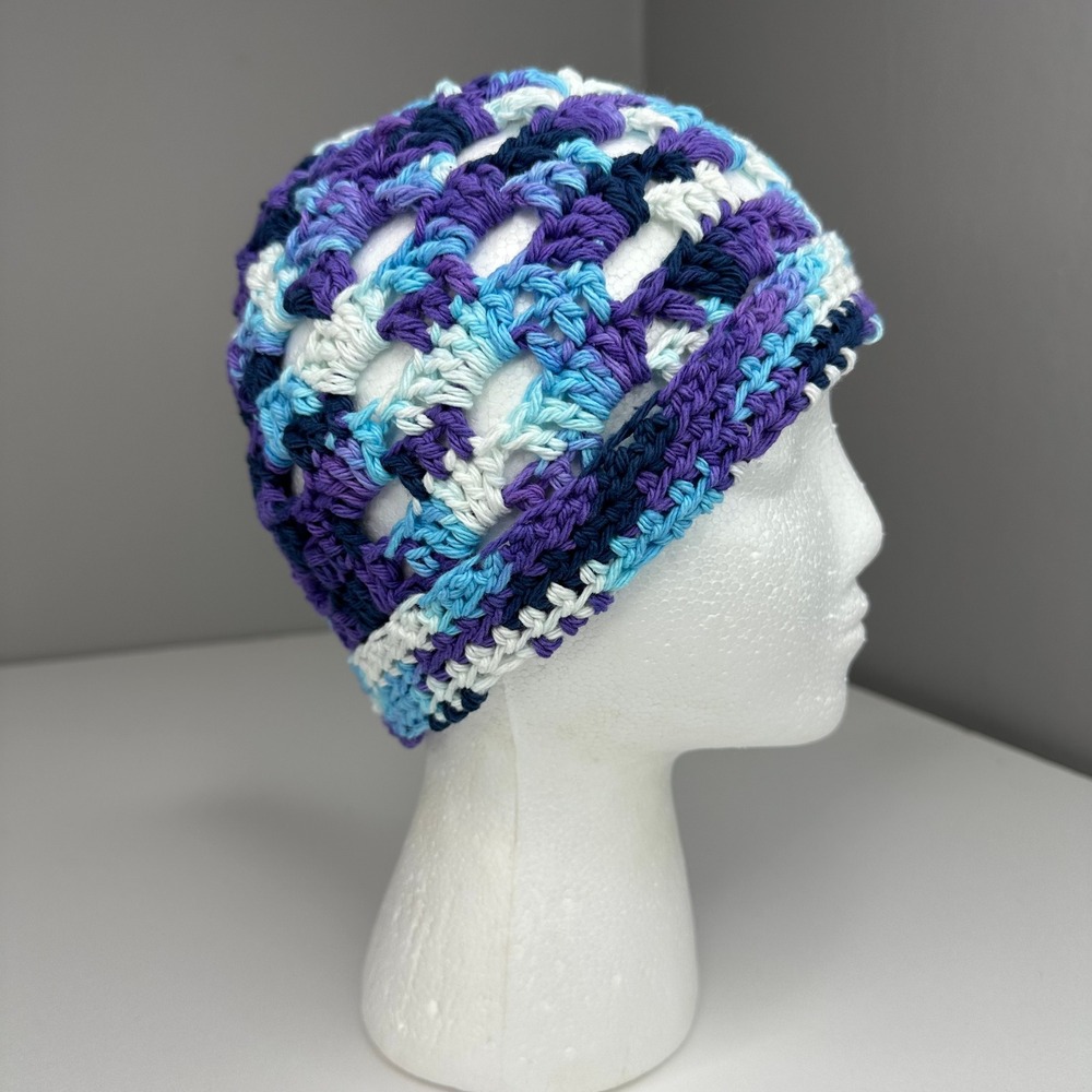 Created By Cyd Crochet Beanie Moondance Blue Purple Cotton Handmade Hat NEW